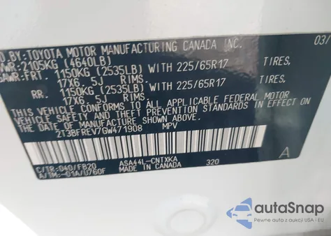 2016 Toyota Rav4 Le from USA, damaged, VIN 2T3BFREV7GW471908